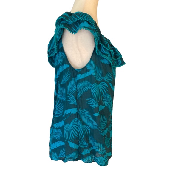 Boden Hettie Double Ruffle Pompom Top in Woodland Green Jungle Palm - 10 - Picture 7 of 15